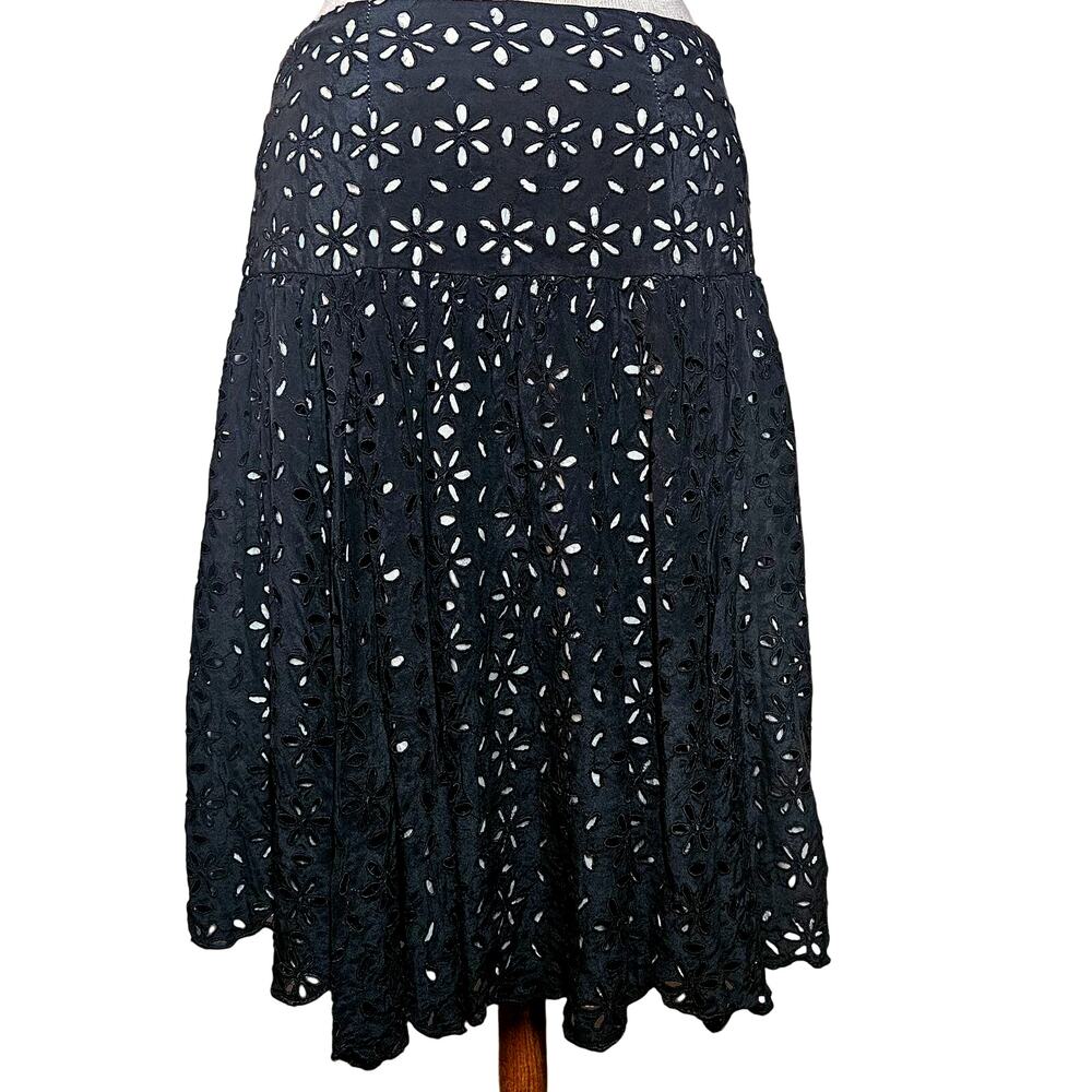 Tracy Reese Black Eyelet Silk Knee Length Skirt Size 2